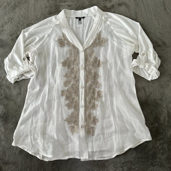 Nic + Zoe White Embroidered Button Down Blouse Shirt LARGE Sheer Mixed Media - Picture 1 of 7